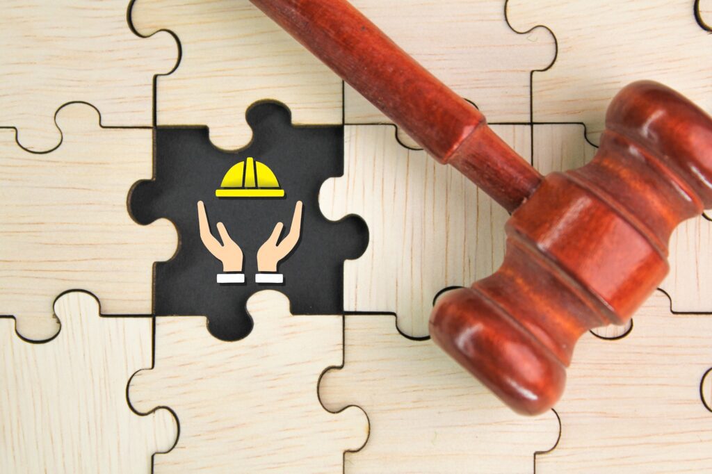 lawyer's hammer, wooden puzzle with laboratory icon.